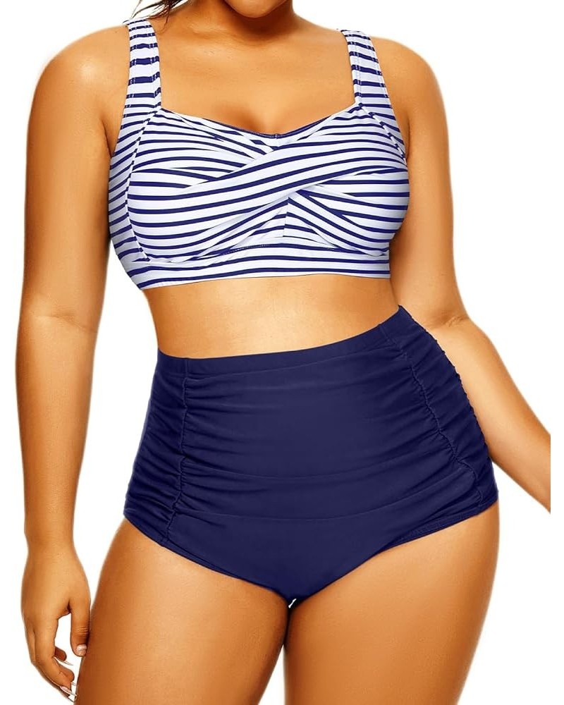 Women Plus Size High Waisted Bikini Two Piece Tummy Control Swimsuits Twist Front Retro Bathing Suits with Ruched Bottom Blue...