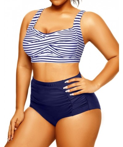 Women Plus Size High Waisted Bikini Two Piece Tummy Control Swimsuits Twist Front Retro Bathing Suits with Ruched Bottom Blue...