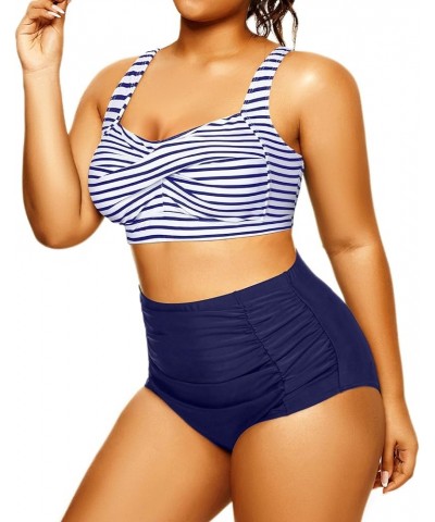 Women Plus Size High Waisted Bikini Two Piece Tummy Control Swimsuits Twist Front Retro Bathing Suits with Ruched Bottom Blue...