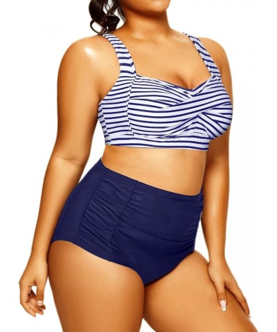 Women Plus Size High Waisted Bikini Two Piece Tummy Control Swimsuits Twist Front Retro Bathing Suits with Ruched Bottom Blue...