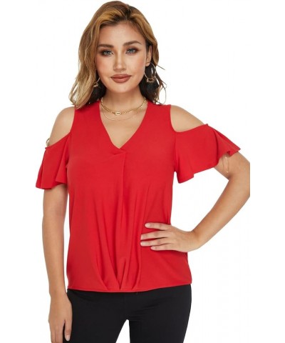 Summer Open Shoulder Tops for Women-V Neckline Fitted Cold Shoulder Tops, Stretchy Casual Tops for Women Red $10.98 Tops