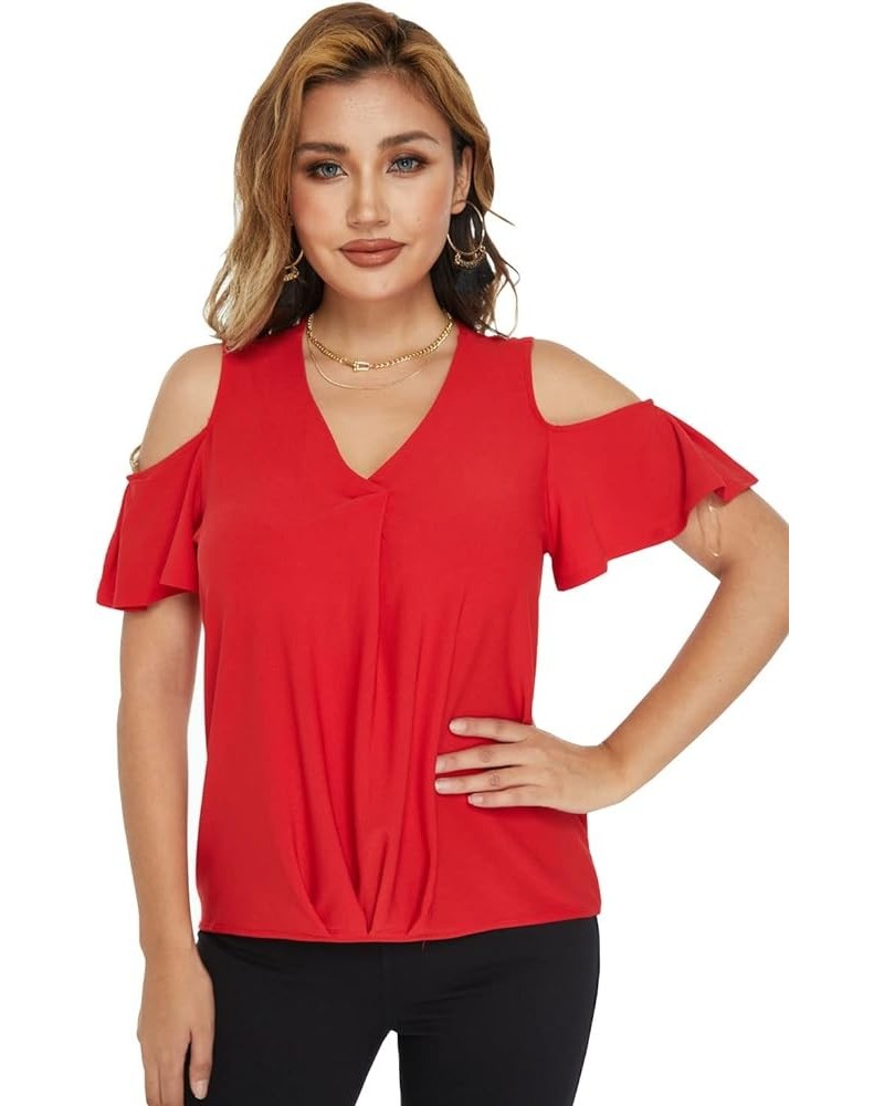 Summer Open Shoulder Tops for Women-V Neckline Fitted Cold Shoulder Tops, Stretchy Casual Tops for Women Red $10.98 Tops