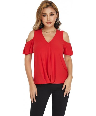 Summer Open Shoulder Tops for Women-V Neckline Fitted Cold Shoulder Tops, Stretchy Casual Tops for Women Red $10.98 Tops