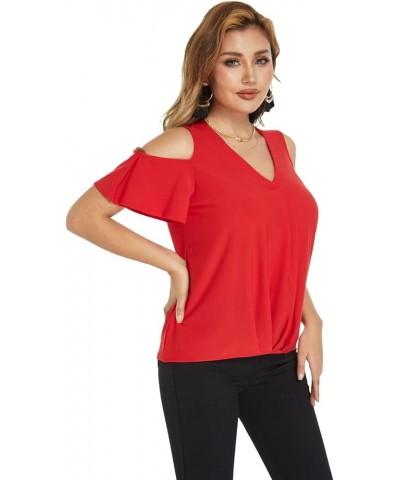 Summer Open Shoulder Tops for Women-V Neckline Fitted Cold Shoulder Tops, Stretchy Casual Tops for Women Red $10.98 Tops