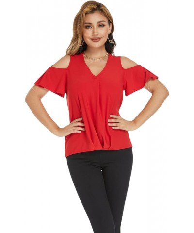 Summer Open Shoulder Tops for Women-V Neckline Fitted Cold Shoulder Tops, Stretchy Casual Tops for Women Red $10.98 Tops