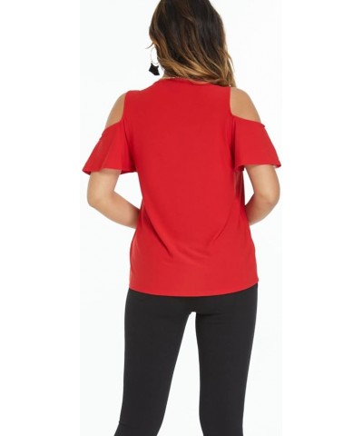 Summer Open Shoulder Tops for Women-V Neckline Fitted Cold Shoulder Tops, Stretchy Casual Tops for Women Red $10.98 Tops