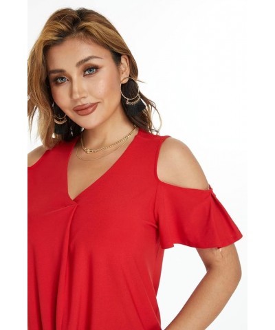 Summer Open Shoulder Tops for Women-V Neckline Fitted Cold Shoulder Tops, Stretchy Casual Tops for Women Red $10.98 Tops