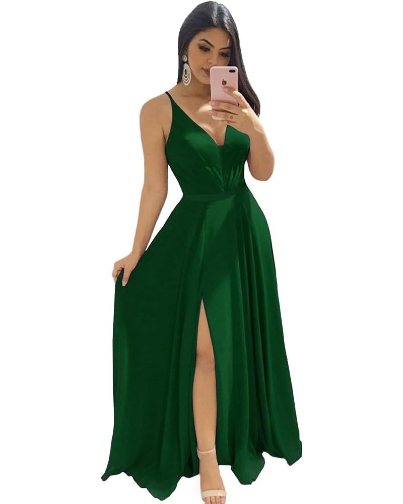 Women's V-Neck Bridesmaid Dresses for Women Long Simple A-Line Formal Dresses with Slit Cf078 Green $20.50 Dresses