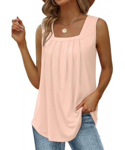 Summer Tank Tops for Women Loose Fit Pleated Square Neck Sleeveless Tops Curved Hem Flowy 06-pink $11.19 Tanks