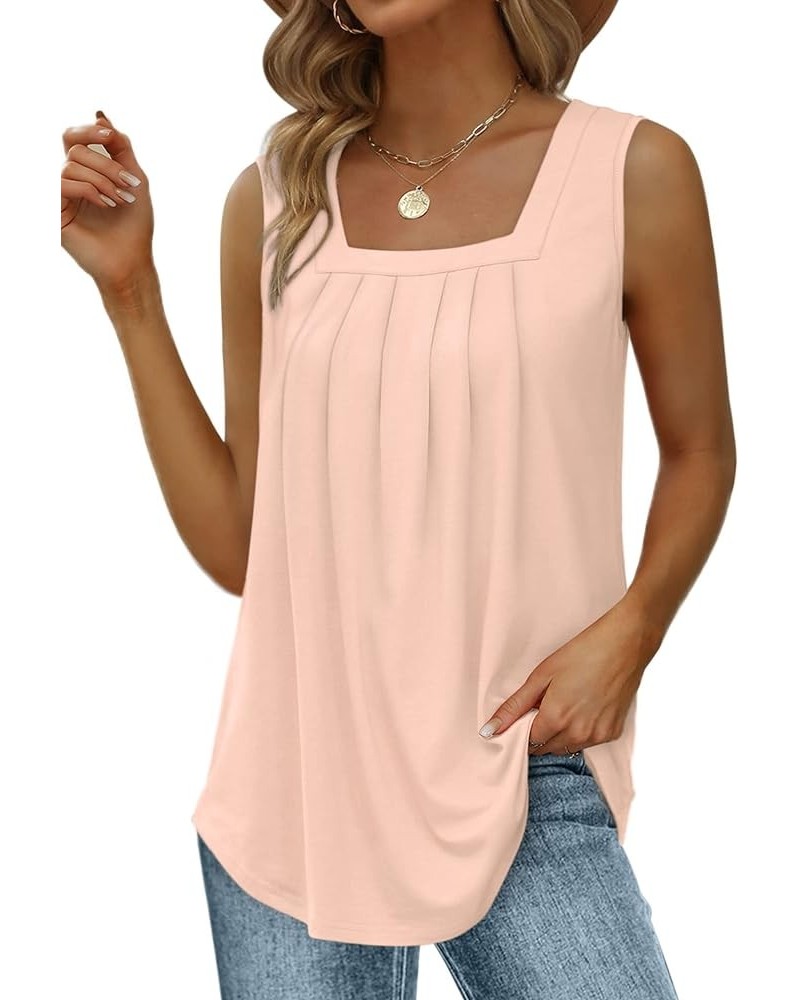 Summer Tank Tops for Women Loose Fit Pleated Square Neck Sleeveless Tops Curved Hem Flowy 06-pink $11.19 Tanks