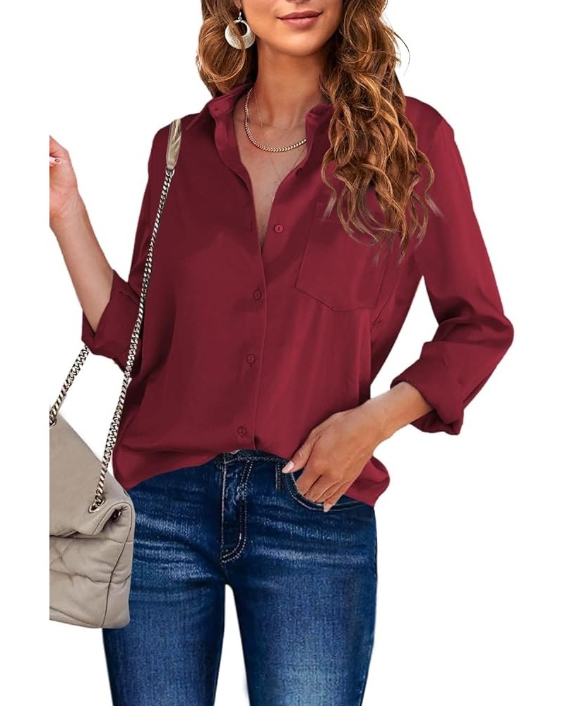 Womens Satin Tops Button Down Shirts Solid Collared Casual Blouse Long Sleeve Dressy Shirt with Bust Pocket Burgundy $11.01 B...