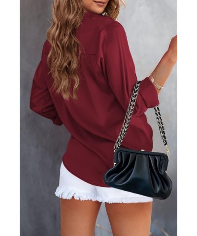 Womens Satin Tops Button Down Shirts Solid Collared Casual Blouse Long Sleeve Dressy Shirt with Bust Pocket Burgundy $11.01 B...