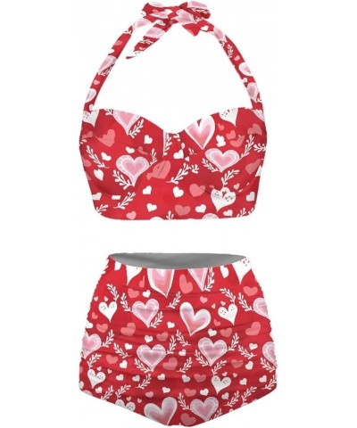 Womens Two Pieces Bikini Set Swimsuits High Waisted Bathing Suits Halter Ruched Bikini Red Love Hearts $15.40 Swimsuits