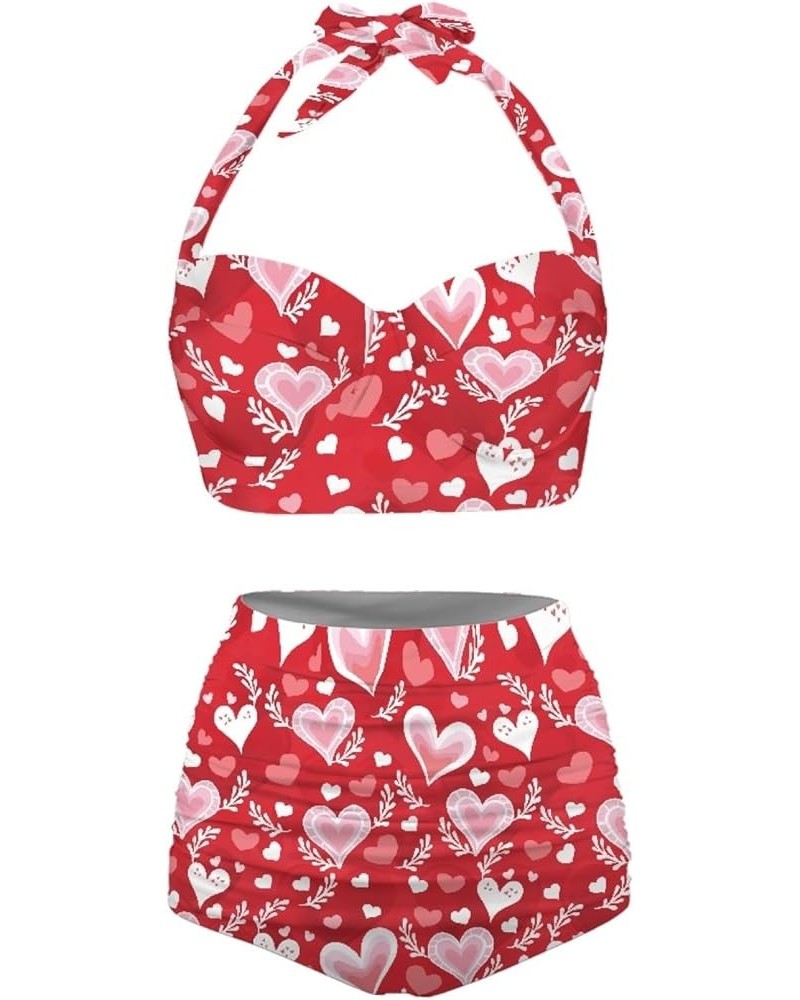 Womens Two Pieces Bikini Set Swimsuits High Waisted Bathing Suits Halter Ruched Bikini Red Love Hearts $15.40 Swimsuits