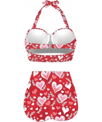 Womens Two Pieces Bikini Set Swimsuits High Waisted Bathing Suits Halter Ruched Bikini Red Love Hearts $15.40 Swimsuits