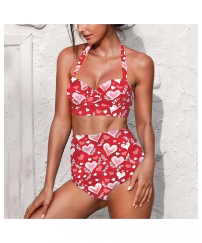 Womens Two Pieces Bikini Set Swimsuits High Waisted Bathing Suits Halter Ruched Bikini Red Love Hearts $15.40 Swimsuits