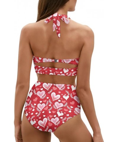 Womens Two Pieces Bikini Set Swimsuits High Waisted Bathing Suits Halter Ruched Bikini Red Love Hearts $15.40 Swimsuits