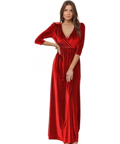 Women's Retro 3/4 Sleeves Velvet Bridesmaid Dresses V Neck Wrap Maxi Formal Dresses SE151 A-red $34.04 Dresses