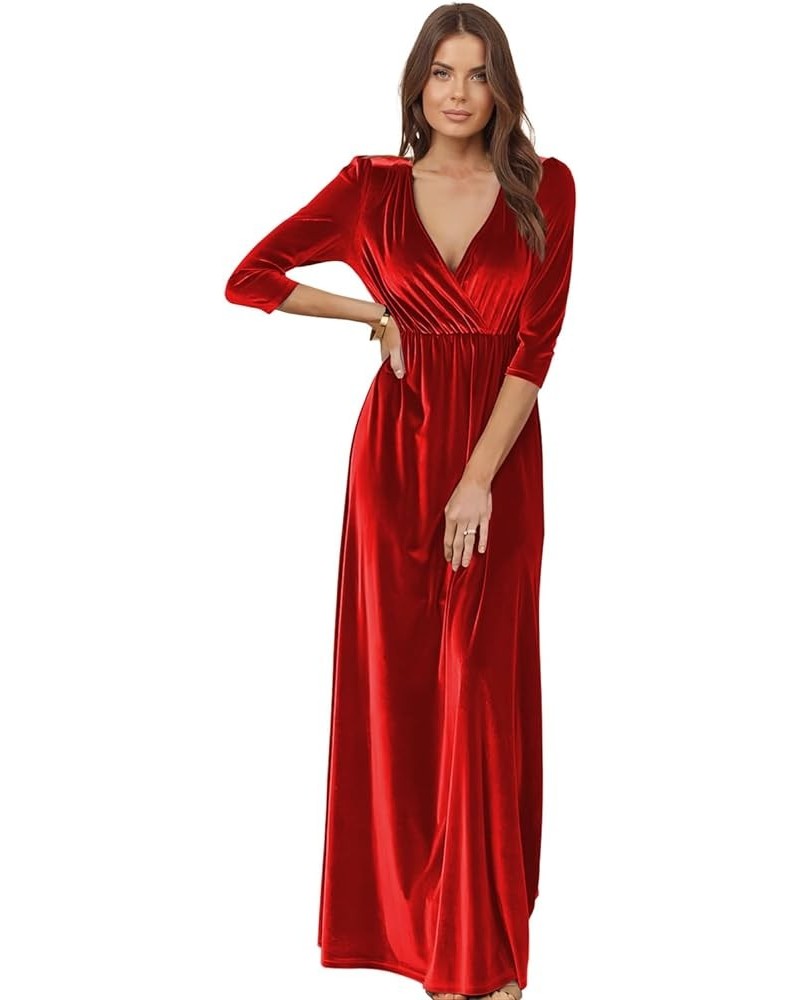 Women's Retro 3/4 Sleeves Velvet Bridesmaid Dresses V Neck Wrap Maxi Formal Dresses SE151 A-red $34.04 Dresses