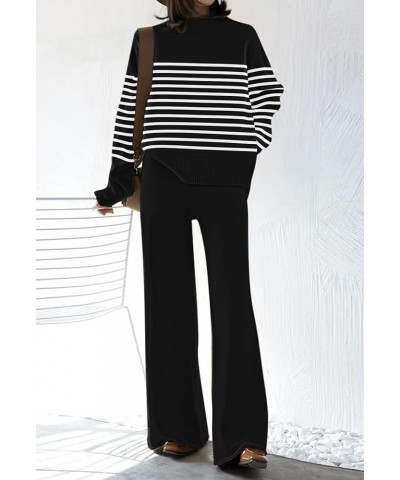 Women's 2 Piece Outfits Sweater Set Wide Leg Pants High Neck Sweatsuit Loungewear A- Black Stripe $27.02 Activewear