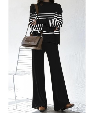 Women's 2 Piece Outfits Sweater Set Wide Leg Pants High Neck Sweatsuit Loungewear A- Black Stripe $27.02 Activewear