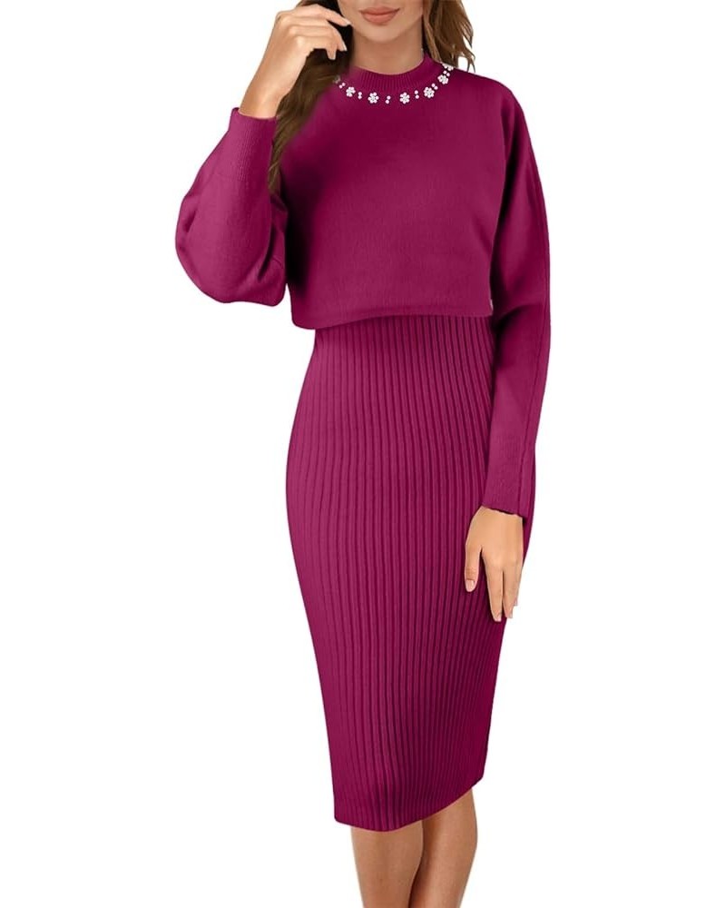 Womens Knitted Dress Pullover Top and Dress Bodycon 2 Piece Set Sweater Midi Dress Jumper Knitted Dress Set 02 A-red $21.72 S...