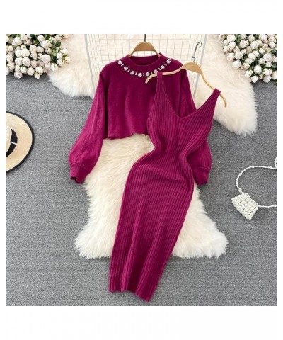 Womens Knitted Dress Pullover Top and Dress Bodycon 2 Piece Set Sweater Midi Dress Jumper Knitted Dress Set 02 A-red $21.72 S...