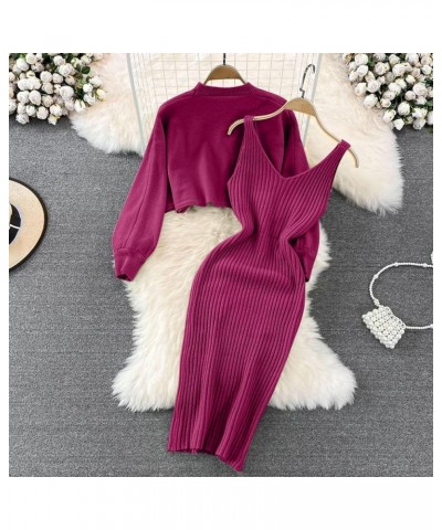 Womens Knitted Dress Pullover Top and Dress Bodycon 2 Piece Set Sweater Midi Dress Jumper Knitted Dress Set 02 A-red $21.72 S...