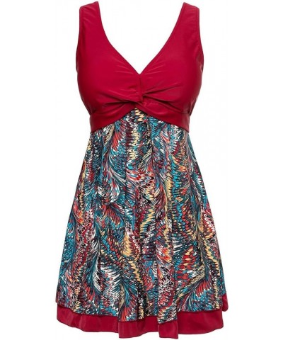 Women's Plus Size Printing Padded High Waist Swimdress Wine Red $20.90 Swimsuits