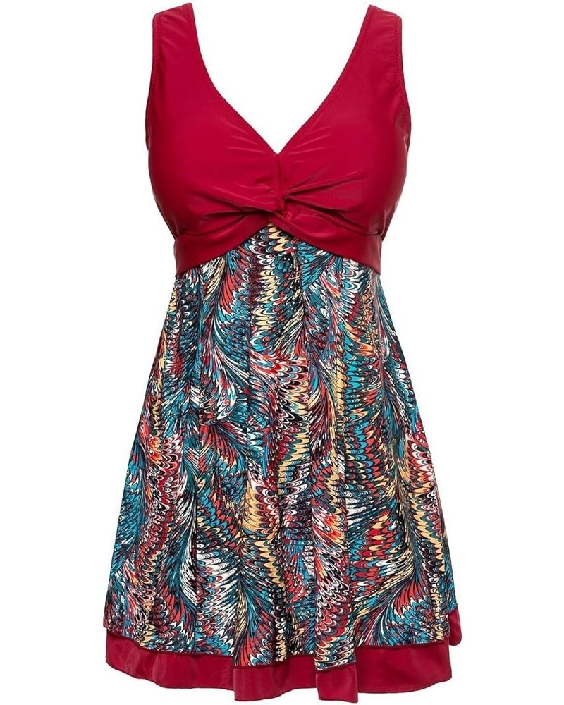 Women's Plus Size Printing Padded High Waist Swimdress Wine Red $20.90 Swimsuits