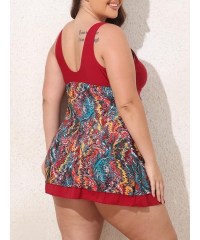 Women's Plus Size Printing Padded High Waist Swimdress Wine Red $20.90 Swimsuits