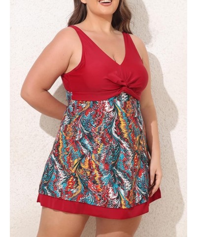 Women's Plus Size Printing Padded High Waist Swimdress Wine Red $20.90 Swimsuits