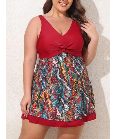 Women's Plus Size Printing Padded High Waist Swimdress Wine Red $20.90 Swimsuits