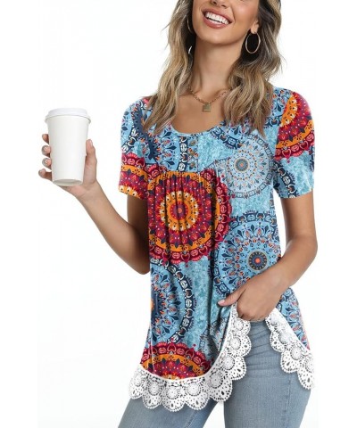 Women's 2023 Spring-Summer Casual Short sleeve/Sleeves Tunic Tops Ruffle Button Loose Blouse Lace Hem T-Shirts Hb-mixed Blue ...