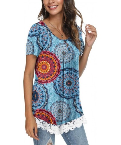 Women's 2023 Spring-Summer Casual Short sleeve/Sleeves Tunic Tops Ruffle Button Loose Blouse Lace Hem T-Shirts Hb-mixed Blue ...