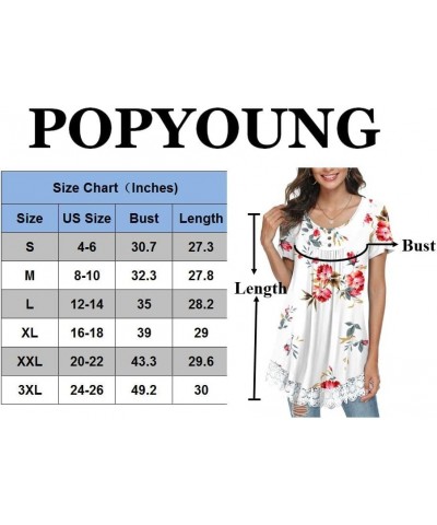 Women's 2023 Spring-Summer Casual Short sleeve/Sleeves Tunic Tops Ruffle Button Loose Blouse Lace Hem T-Shirts Hb-mixed Blue ...