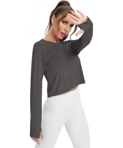 Womens Cropped Long Sleeve Workout Top Athletic Gym Running Shirts with Thumb Hole Dark Heather Gray $10.39 Activewear