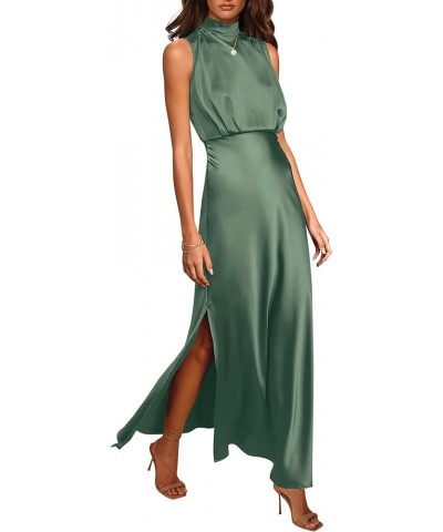 Women's Long Formal Satin Dress Mock Neck Sleeveless Side Slit Flowy Maxi Tank Dresses Army Green $29.49 Dresses