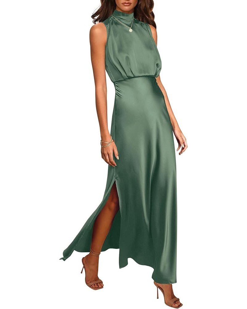 Women's Long Formal Satin Dress Mock Neck Sleeveless Side Slit Flowy Maxi Tank Dresses Army Green $29.49 Dresses