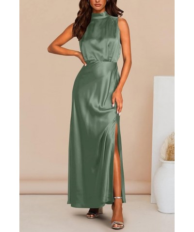 Women's Long Formal Satin Dress Mock Neck Sleeveless Side Slit Flowy Maxi Tank Dresses Army Green $29.49 Dresses