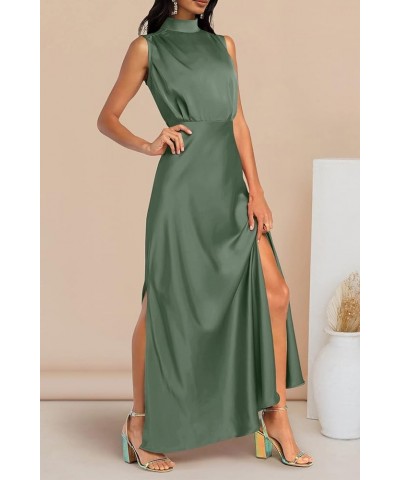 Women's Long Formal Satin Dress Mock Neck Sleeveless Side Slit Flowy Maxi Tank Dresses Army Green $29.49 Dresses