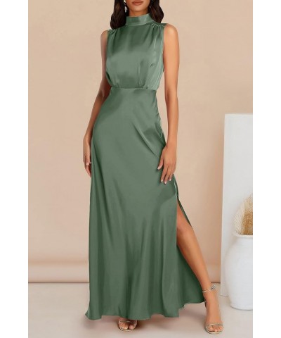 Women's Long Formal Satin Dress Mock Neck Sleeveless Side Slit Flowy Maxi Tank Dresses Army Green $29.49 Dresses