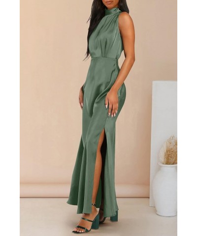 Women's Long Formal Satin Dress Mock Neck Sleeveless Side Slit Flowy Maxi Tank Dresses Army Green $29.49 Dresses