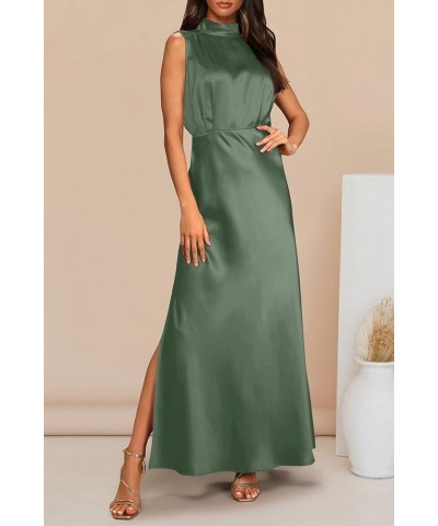 Women's Long Formal Satin Dress Mock Neck Sleeveless Side Slit Flowy Maxi Tank Dresses Army Green $29.49 Dresses