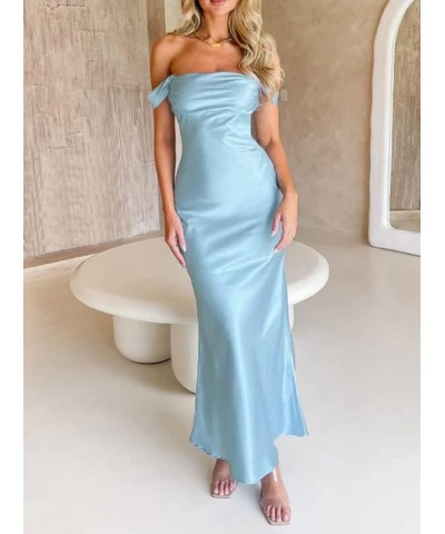 Women's Off Shoulder Satin Maxi Dress Elegant Strapless Split Bodycon Long Dresses Backless Evening Party Dress Bule-2 $10.03...