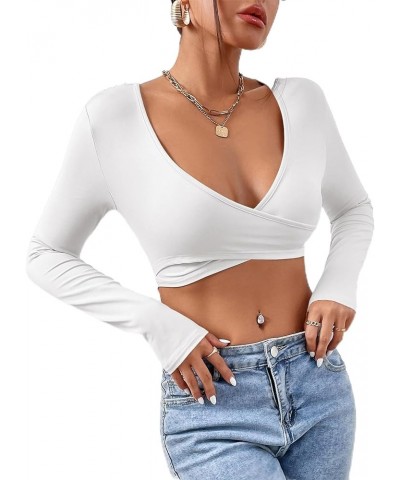 Women's Deep V Neck Long Sleeve Slim Fitted Tee Crop Top T Shirt White $10.59 T-Shirts