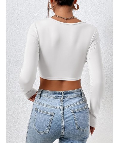 Women's Deep V Neck Long Sleeve Slim Fitted Tee Crop Top T Shirt White $10.59 T-Shirts