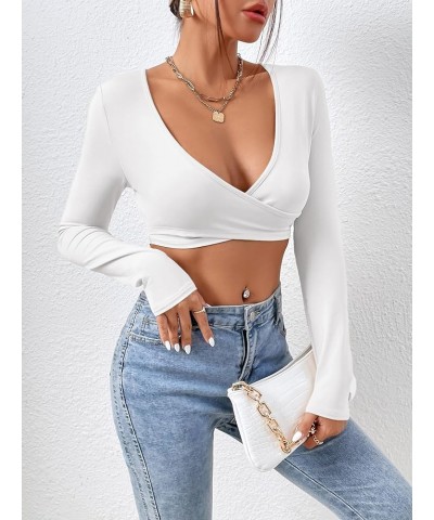 Women's Deep V Neck Long Sleeve Slim Fitted Tee Crop Top T Shirt White $10.59 T-Shirts