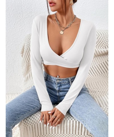 Women's Deep V Neck Long Sleeve Slim Fitted Tee Crop Top T Shirt White $10.59 T-Shirts