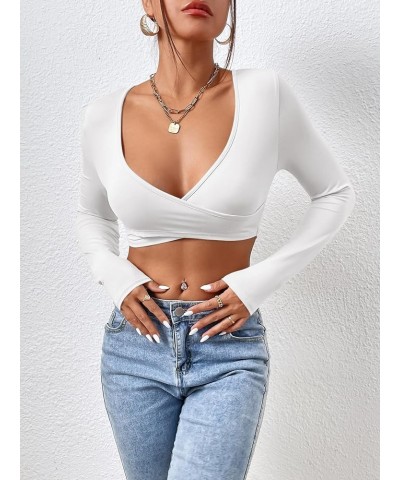 Women's Deep V Neck Long Sleeve Slim Fitted Tee Crop Top T Shirt White $10.59 T-Shirts